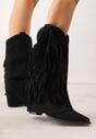 Czarne Botki Typu Kowbojki na Obcasie z Wywiniętą Cholewką i Frędzlami Uemiris
