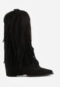 Czarne Botki Typu Kowbojki na Obcasie z Wywiniętą Cholewką i Frędzlami Uemiris