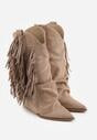 Ciemnobeżowe Botki Typu Kowbojki na Obcasie z Wywiniętą Cholewką i Frędzlami Uemiris