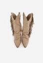 Ciemnobeżowe Botki Typu Kowbojki na Obcasie z Wywiniętą Cholewką i Frędzlami Uemiris