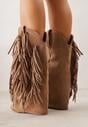 Brązowe Botki Typu Kowbojki na Obcasie z Wywiniętą Cholewką i Frędzlami Uemiris