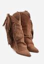 Brązowe Botki Typu Kowbojki na Obcasie z Wywiniętą Cholewką i Frędzlami Uemiris