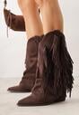 Brązowe Botki Typu Kowbojki na Obcasie z Wywiniętą Cholewką i Frędzlami Uemiris