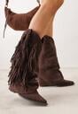 Brązowe Botki Typu Kowbojki na Obcasie z Wywiniętą Cholewką i Frędzlami Uemiris