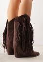 Brązowe Botki Typu Kowbojki na Obcasie z Wywiniętą Cholewką i Frędzlami Uemiris