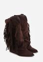 Brązowe Botki Typu Kowbojki na Obcasie z Wywiniętą Cholewką i Frędzlami Uemiris