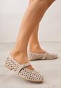 Ciemnobeżowe Ażurowe Balerinki z Paskiem z Klamerką i Cyrkoniami Feanoene