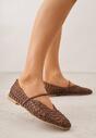 Brązowe Ażurowe Balerinki z Imitacji Plecionki z Paskiem Naeraea