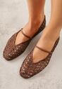 Brązowe Ażurowe Balerinki z Imitacji Plecionki z Paskiem Naeraea