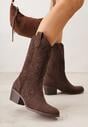 Brązowe Ażurowe Botki na Obcasie w Stylu Kowbojek Lissemi