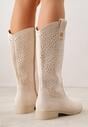 Beżowe Botki Ażurowe Ozdobione Metaliczną Aplikacją Iomosa