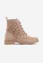Ciemnobeżowe Sznurowane Botki z Ażurową Cholewką Zeliana