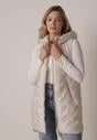 Jasnoszara Przejściowa Kamizelka Pikowana o Długim Kroju z Kapturem i Naszywką Harmaste