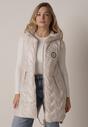 Jasnoszara Przejściowa Kamizelka Pikowana o Długim Kroju z Kapturem i Naszywką Harmaste