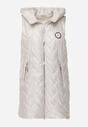 Jasnoszara Przejściowa Kamizelka Pikowana o Długim Kroju z Kapturem i Naszywką Harmaste