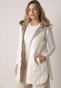 Biała Pikowana Kamizelka o Długim Kroju z Nieodpinanym Kapturem w Romby Dephice