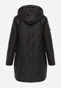 Czarna Pikowana Kurtka Przejściowa Parka z Kapturem o Długim Kroju z Ozdobą Isaline