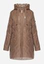 Jasnobrązowa Pikowana Kurtka Przejściowa Parka z Kapturem o Długim Kroju z Ozdobą Isaline