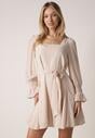 Beżowa Sukienka Vices z Siateczkowymi Rękawami i Wiązanym Paskiem Resnala