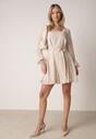 Beżowa Sukienka Vices z Siateczkowymi Rękawami i Wiązanym Paskiem Resnala