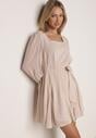 Beżowa Sukienka Vices z Siateczkowymi Rękawami i Wiązanym Paskiem Resnala