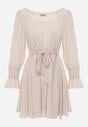 Beżowa Sukienka Vices z Siateczkowymi Rękawami i Wiązanym Paskiem Resnala