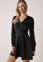 Czarna Satynowa Sukienka VICES z Bawełny o Kopertowym Kroju Glanita