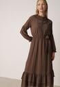 Brązowa Rozkloszowana Sukienka Ozdobiona Falbanami Paskiem i Guzikami Nevissia