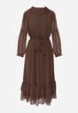 Brązowa Rozkloszowana Sukienka Ozdobiona Falbanami Paskiem i Guzikami Nevissia