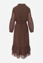 Brązowa Rozkloszowana Sukienka Ozdobiona Falbanami Paskiem i Guzikami Nevissia