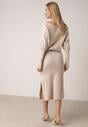 Beżowa Dzianinowa Sukienka z Wiskozą o Nietoperzowym Kroju z Dekoltem w Łódkę Tisan