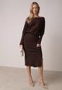 Brązowa Dzianinowa Sukienka z Wiskozą o Nietoperzowym Kroju z Dekoltem w Łódkę Tisan