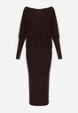 Brązowa Dzianinowa Sukienka z Wiskozą o Nietoperzowym Kroju z Dekoltem w Łódkę Tisan