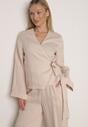 Beżowa Kopertowa Bluzka z Wiskozy Ozdobiona Wiązaniem Velanitte