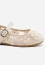 Beżowe Siateczkowe Balerinki z Paskiem z Klamerką Zdobione Kwiatowym Haftem Canlea