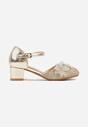 Złote Eleganckie Sandały Czółenka na Słupku z Brokatem i Kwiatową Aplikacją Maennes
