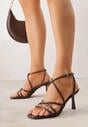 Brązowe Sandały na Szpilce z Przeplatanymi Paskiami i Kwadratowym Noskiem Baloria