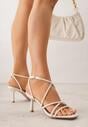 Beżowe Sandały na Szpilce z Przeplatanymi Paskiami i Kwadratowym Noskiem Baloria