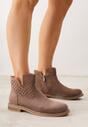Jasnobrązowe Płaskie Botki Sztyblety z Ażurowym Wzorem ze Skórzaną Wkładką Terisina
