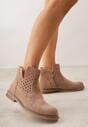 Ciemnobeżowe Płaskie Botki Sztyblety z Ażurowym Wzorem ze Skórzaną Wkładką Terisina