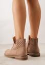 Ciemnobeżowe Płaskie Botki Sztyblety z Ażurowym Wzorem ze Skórzaną Wkładką Terisina