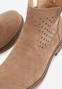 Ciemnobeżowe Płaskie Botki Sztyblety z Ażurowym Wzorem ze Skórzaną Wkładką Terisina
