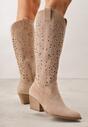 Beżowe Kozaki Kowbojki na Stożku z Ażurową Cholewką Uria