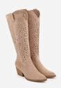 Beżowe Kozaki Kowbojki na Stożku z Ażurową Cholewką Uria