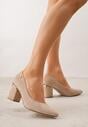 Ciemnobeżowe Czółenka na Obcasie ze Skórzaną Wkładką i Metaliczną Wstawką Rasmone