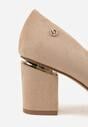 Ciemnobeżowe Czółenka na Obcasie ze Skórzaną Wkładką i Metaliczną Wstawką Rasmone