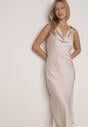 Beżowa Satynowa Sukienka na Ozdobnych Ramiączkach z Dekoltem Woda Avalentara