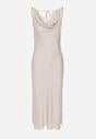 Beżowa Satynowa Sukienka na Ozdobnych Ramiączkach z Dekoltem Woda Avalentara