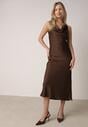 Brązowa Satynowa Sukienka na Ozdobnych Ramiączkach z Dekoltem Woda Avalentara