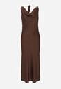 Brązowa Satynowa Sukienka na Ozdobnych Ramiączkach z Dekoltem Woda Avalentara